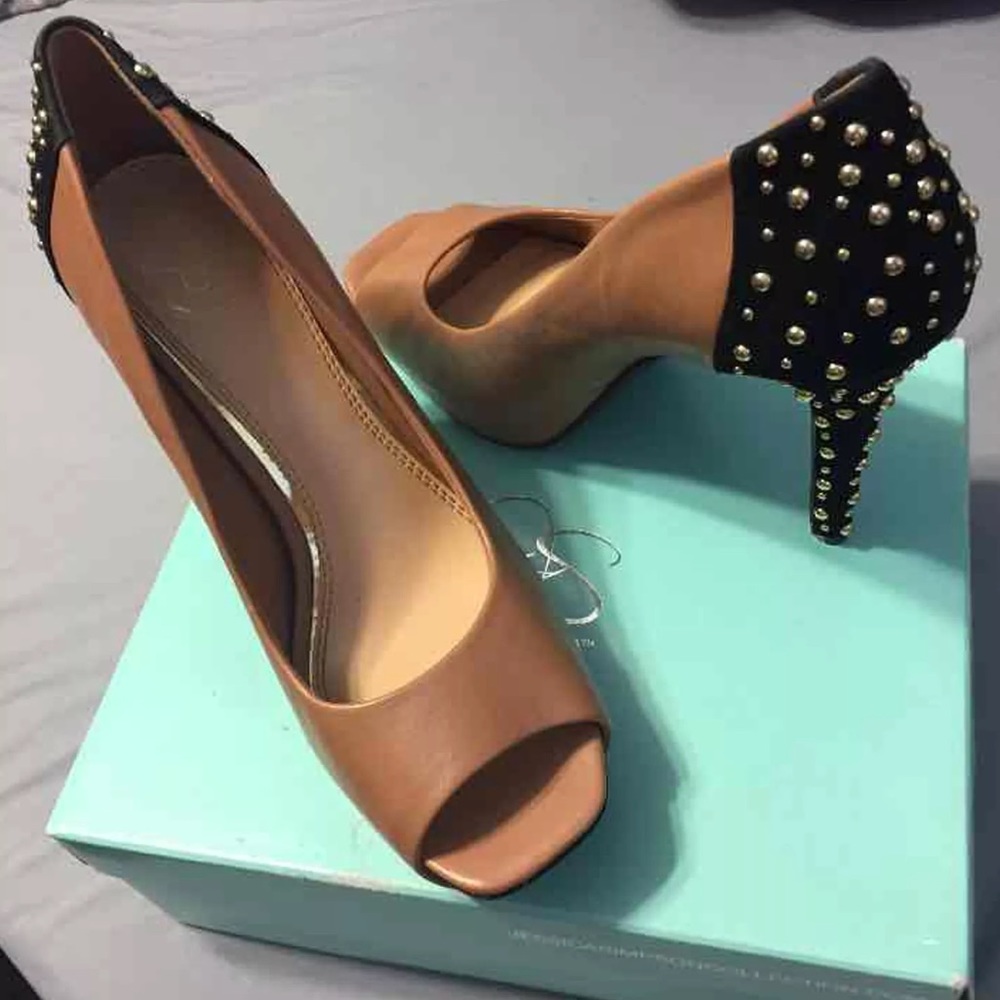 Jessica Simpson black gold stud peep-toe heels